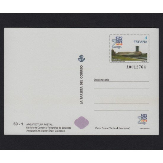 España Tarjetas del Correo y de Iniciativa Privada 86 2008 Arquitectura postal Expo Zaragoza 1er Día