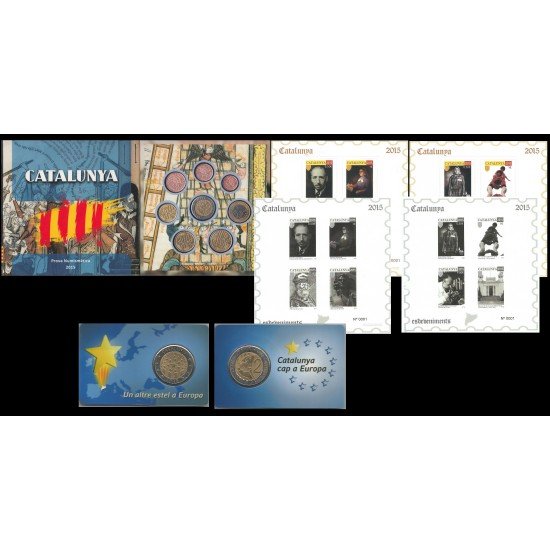 Catalunya Conjunto Pruebas Filatélicas Numismáticas Cartera Euros Completo 2015