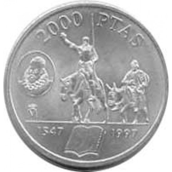 España Juan Carlos 2000 Pesetas 1997 de plata Quijote Sancho Panza España Juan Carlos 2000 Pesetas 1997 de plata Quijote Sancho Panza