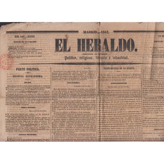 España Spain Timbres de Periódicos Matasello Prefilatélico 19 Oct 1842 Manresa 