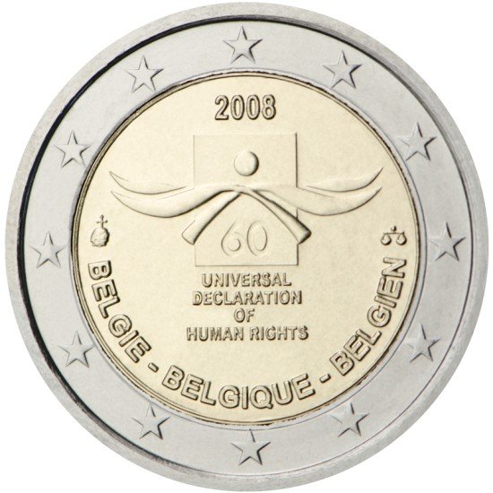 Bélgica 2008 2 € euros conmemorativos Sexagésimo Av. de la Declaración Universal de Derechos Humanos