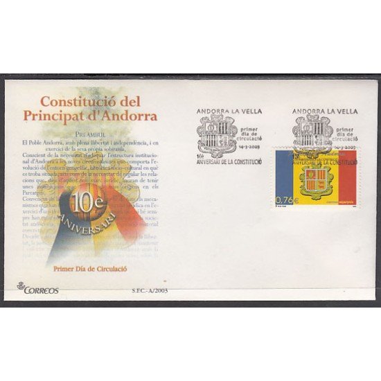Andorra Española 305 2003 10º Aniversario de la Constitución SPD Sobre Primer día Andorra Española 305 2003 10º Aniversario de la Constitución SPD Sobre Primer día