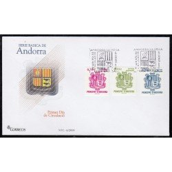 Andorra Española 324/26 2005 Principado de Andorra, escudos SPD Sobre Primer día 