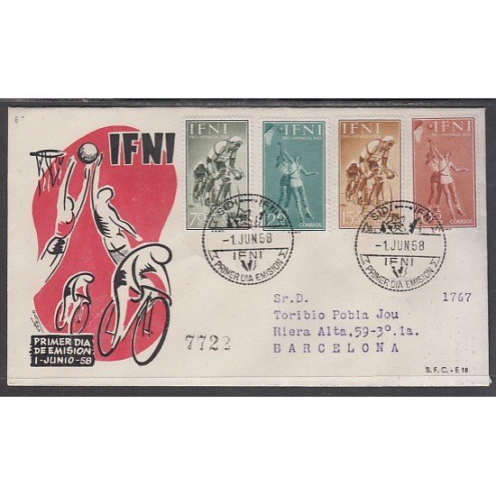 Ifni 145/48 1958 Pro infancia Baloncesto Ciclismo Sport SPD Sobre Primer Día Ifni 145/48 1958 Pro infancia Baloncesto Ciclismo Sport SPD Sobre Primer Día