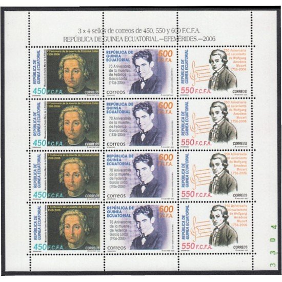 Guinea Ecuatorial 371/73 2006 Minihojita Efemérides Lorca Colon Mozart MNH Guinea Ecuatorial 371/73 2006 Minihojita Efemérides Lorca Colon Mozart MNH