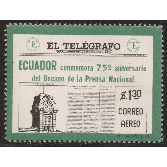 Ecuador A- 342 1959 Aéreo 75 Aniversario Periódico El Telégrafo MNH 