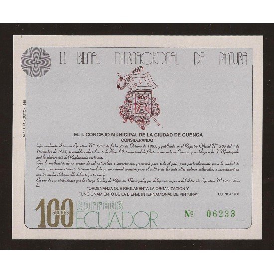 Ecuador Hojita Block 86 1989 II Bienal internacional de pintura MNH