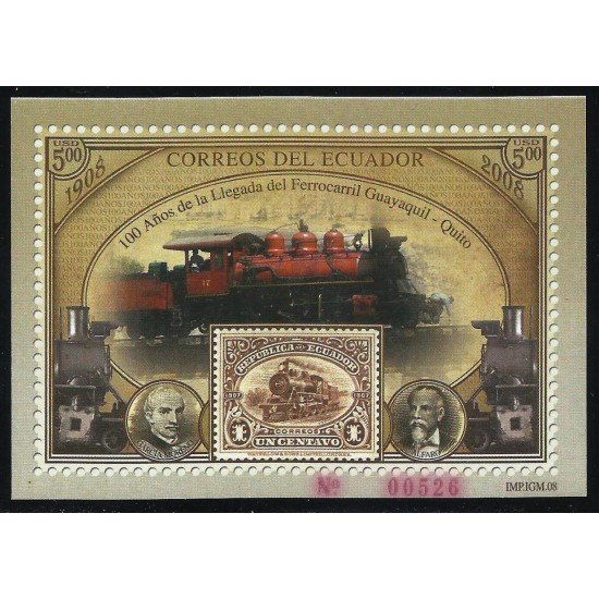 Ecuador Hojita Block 147 2008 100 Años de la llegada del Ferrocarri Guayaquil-Quito Tren train Railway MNH Ecuador Hojita Block 147 2008 100 Años de la llegada del Ferrocarri Guayaquil-Quito Tren train Railway MNH