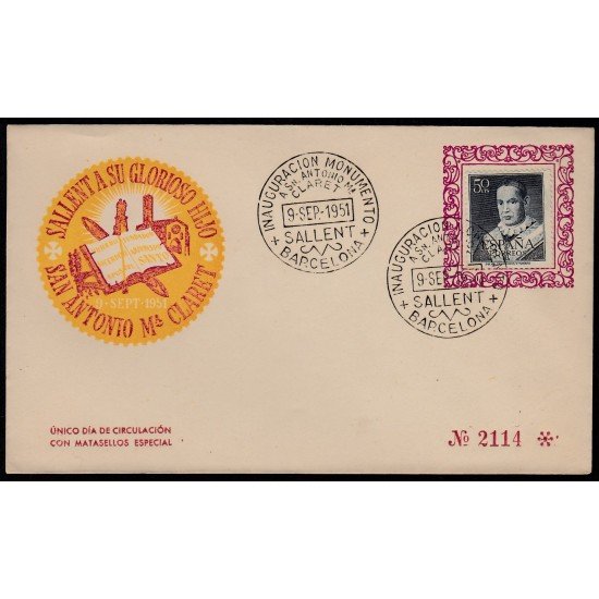 España Spain 1102 1951 San Antonio María Claret Sobre Primer Día 