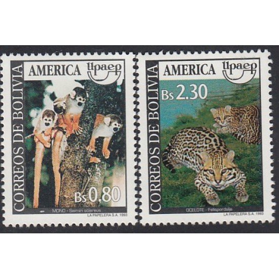 Upaep Bolivia 836/37 1993 Saimiri sciures Leopardus pardalis MNH Upaep Bolivia 836/37 1993 Saimiri sciures Leopardus pardalis MNH