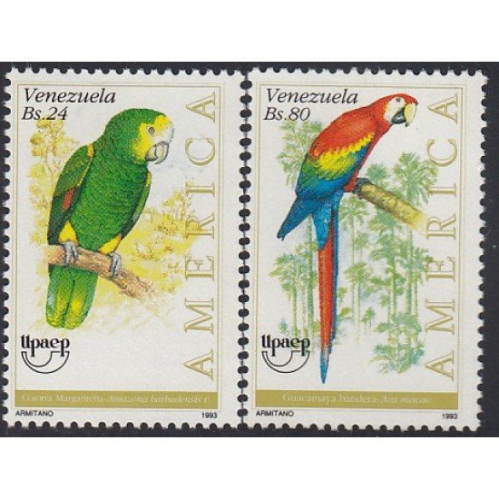 Upaep Venezuela 1644/45 1993 Amazona bardanensis Ara macao pájaros bird fauna MNH Upaep Venezuela 1644/45 1993 Amazona bardanensis Ara macao pájaros bird fauna MNH