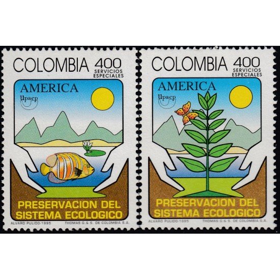 Upaep Colombia 1048/49 1995 Manos montañas pez y árbol MNH Upaep Colombia 1048/49 1995 Manos montañas pez y árbol MNH
