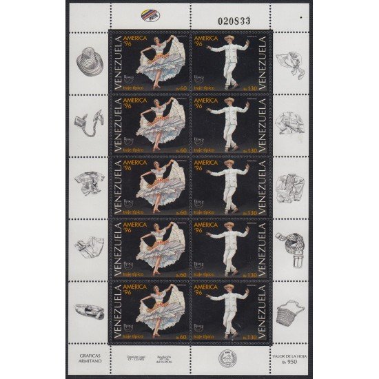 Upaep Venezuela 1835/36 1996 Mini Hoja Traje típico de Hombre Mujer MNH