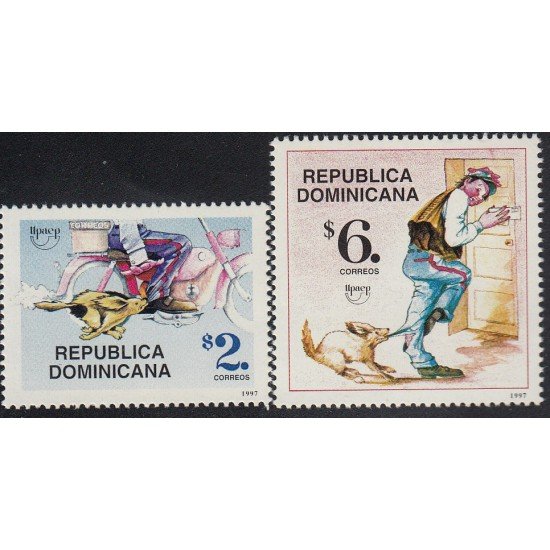 Upaep Rep. Dominicana 1285/86 1997 Cartero en motocicleta motorcycle y perro dog MNH Upaep Rep. Dominicana 1285/86 1997 Cartero en motocicleta motorcycle y perro dog MNH
