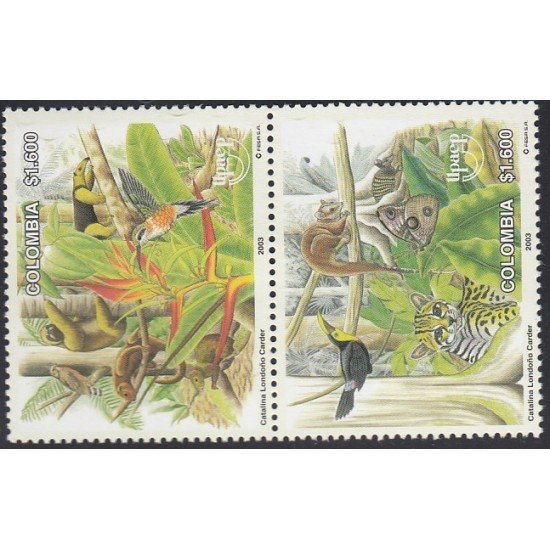 Upaep Colombia 1239/40 2003 Bradypus tridactylus Ramphastos Mariposa pájaro bird  MNH