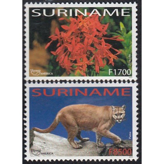 Upaep Suriname 1677/78 2003 flora fauna Ixora coccine Felis concolor MNH Upaep Suriname 1677/78 2003 flora fauna Ixora coccine Felis concolor MNH