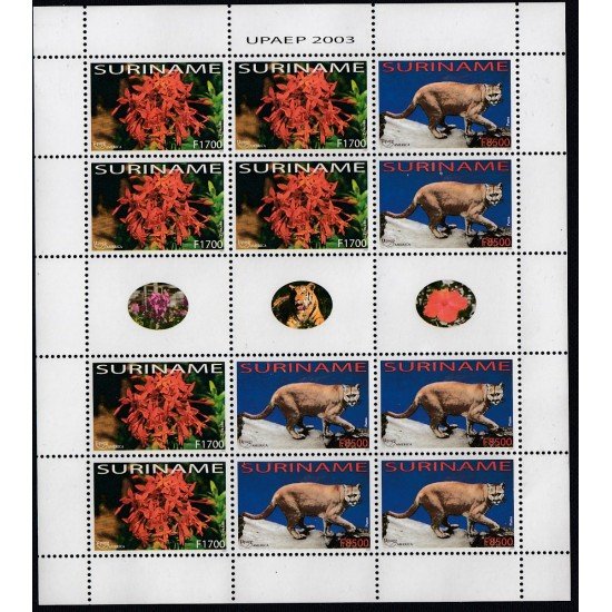 Upaep Suriname 1677/78 Mini hoja flora fauna 2003 Ixora coccine Felis concolor MNH Upaep Suriname 1677/78 Mini hoja flora fauna 2003 Ixora coccine Felis concolor MNH