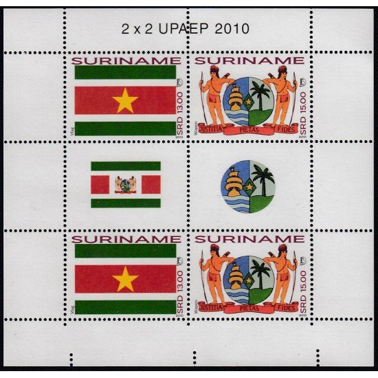 Upaep Suriname 2169/70 2010 Mini hoja Bandera y Escudo adoptados MNH Upaep Suriname 2169/70 2010 Mini hoja Bandera y Escudo adoptados MNH