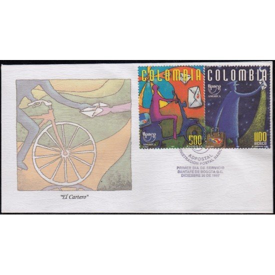 Upaep Colombia 1073-954 1997 Cartero en motocicleta SPD FDC Sobre Primer Día Upaep Colombia 1073-954 1997 Cartero en motocicleta SPD FDC Sobre Primer Día
