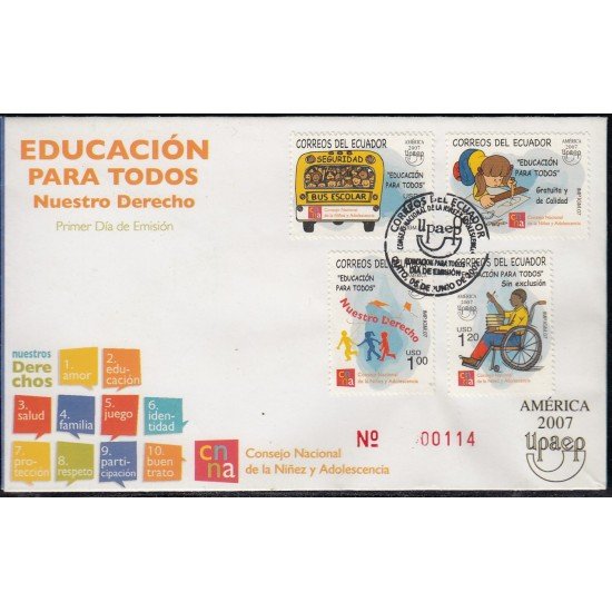 Upaep Ecuador 2048/51 2007 Educación sin exclusión SPD FDC Sobre Primer Día Upaep Ecuador 2048/51 2007 Educación sin exclusión SPD FDC Sobre Primer Día