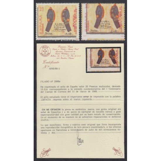 España Spain Variedad 2998e 1989 I Cent. Cuerpo de Correos Uniformes MHN España Spain Variedad 2998e 1989 I Cent. Cuerpo de Correos Uniformes MHN