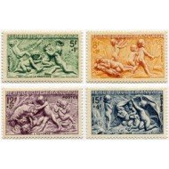 France Francia Nº 859/62 1949 Bajo relieves de la Fontaine de Bouchardon fijasellos