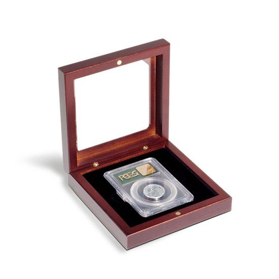 Leuchtturm 307925 Estuche de madera VOLTERRA, para 1 cáps.de moneda certificada (Slab) con ventana cristal