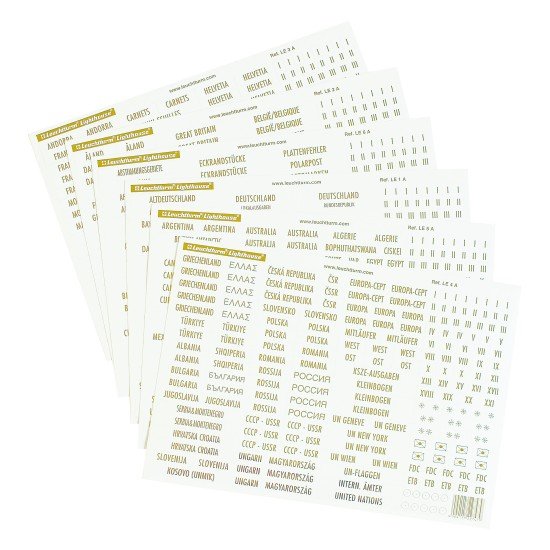 Leuchtturm 308868 Etiquetas de países con letra dorada Schweiz, France, Österreich y muchas más