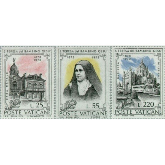 REL/S Vaticano Nº 555/57 1973 Cent. de Sta. Teresa del niño Jesús Casa Retrato Basílica Lujo REL/S Vaticano Nº 555/57 1973 Cent. de Sta. Teresa del niño Jesús Casa Retrato Basílica Lujo